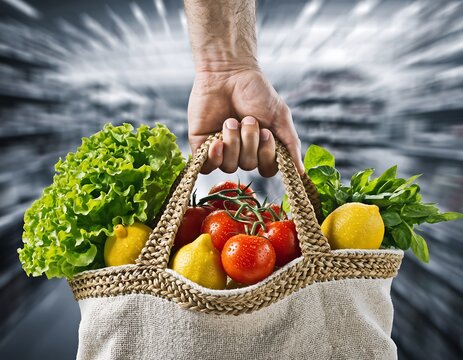A shopper's hand holds a reusable canvas tote bag brimming with fresh, vibrant vegetables like lettuce and tomatoes in a supermarket - Powered by Adobe
