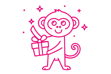 Pink monkey outline enthusiastically presents a cute gift box with stars, dots and plus signs