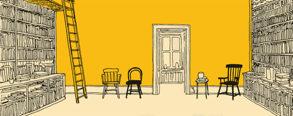 A yellow room with a ladder and a bunch of books. The room is empty except for a few chairs and a ladder