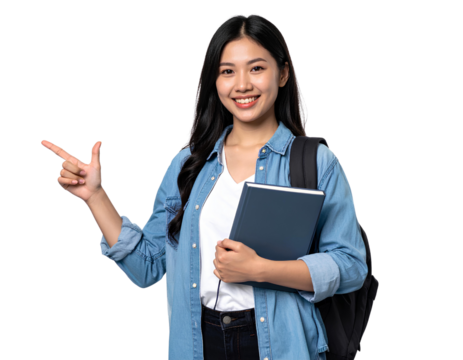 Smiling young female student holding a book and pointing at something, isolated on a transparent background.