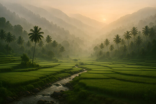 Lush green rice terraces and palm trees shrouded in mist at sunrise in a tropical landscape