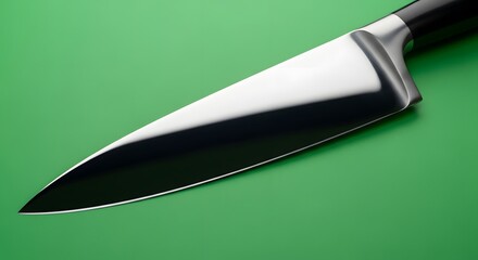 Close-up of a sharp kitchen knife with a black handle resting on a vibrant green cutting board, ready for food preparation or culinary tasks