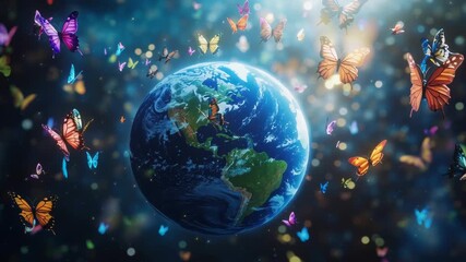 Butterflies flutter around planet Earth, a symbol of nature and environmentalism - Powered by Adobe