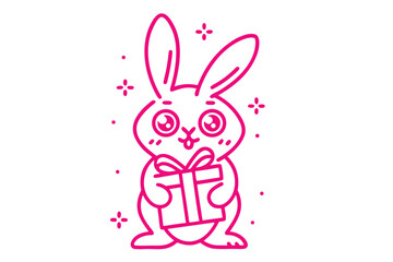 Outlined cute cartoon rabbit character cheerfully holding a gift box with a ribbon
