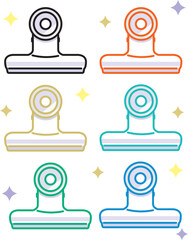 赤・銀・青・金・緑・深緑の目玉クリップ（線画に色付き・キラキラ星付き）