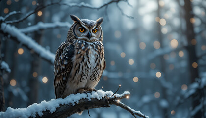 Majestic Owl in Snowy Forest with Soft Golden Christmas Lights Glow