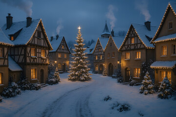 Fototapeta premium Snowy Christmas Village at Night with Warm Lights – Hyper-Realistic 8K Winter Holiday Scene