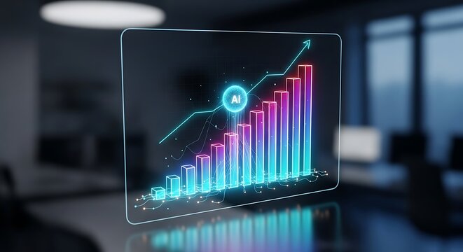 Futuristic glowing bar graph with upward trend and digital icon