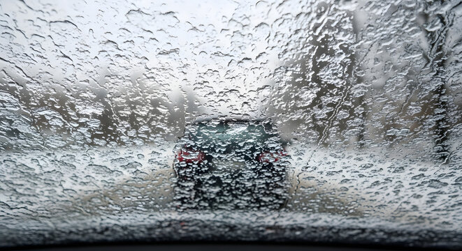 Thick sleet coating on car windshield obstructing view of traffic - Powered by Adobe