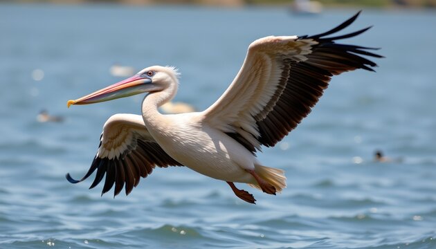 A large pelican with outstretched wings is seen flying above water, creating an impression of motion.