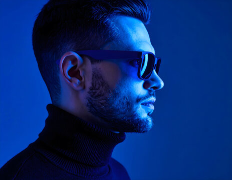 Businessman wearing sunglasses in blue studio creative lighting