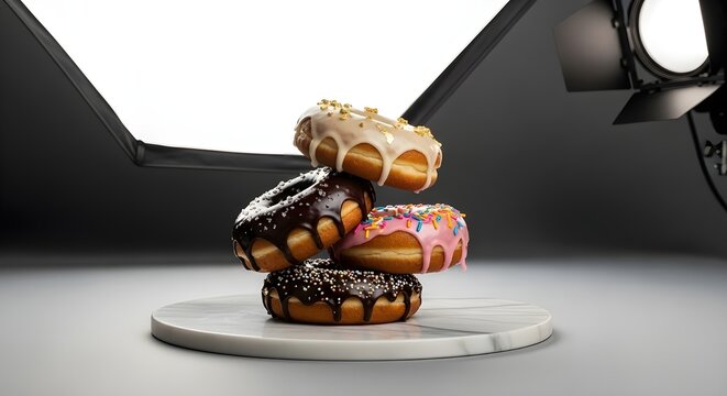 Extra-Thick Doughnuts on Marble Plate, Overhead Softbox Plus Kicker Light