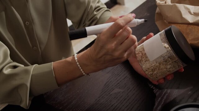 High angle shot of blonde housewife using felt tip pen to mark plastic jar of oatmeal while sitting at table in kitchen