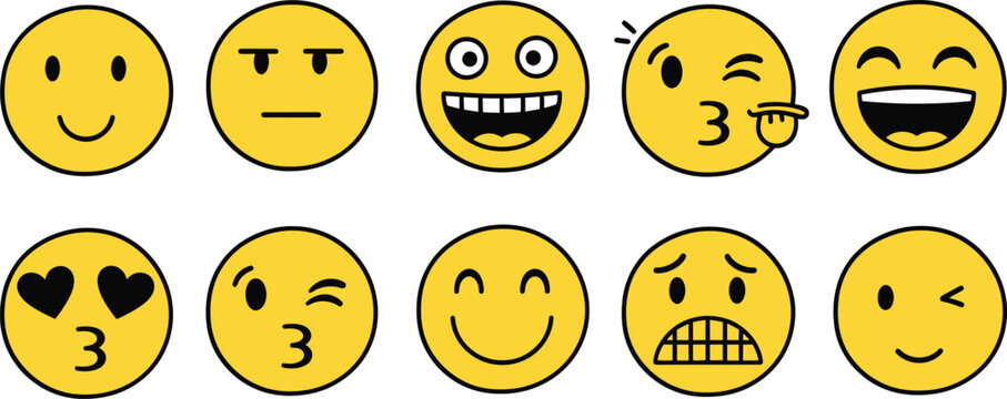 Collection of ten yellow emoji faces expressing various emotions and feelings