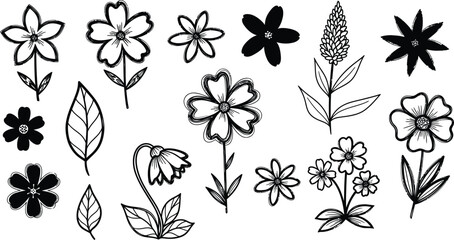 Collection of hand drawn floral illustrations in black and white sketch style