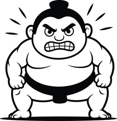Angry sumo wrestler cartoon illustration with fierce expression, clenched fists, topknot hairstyle, and traditional mawashi belt