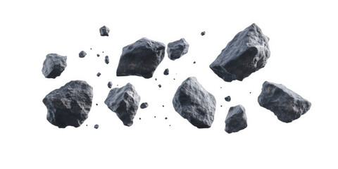 Naklejka premium Collection of dark, jagged rocks and stones scattered across a transparent background, creating a sense of ruggedness and natural texture isolated on transparent background