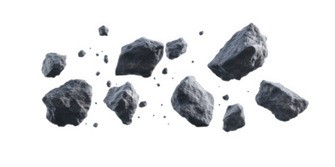 Collection of dark, jagged rocks and stones scattered across a transparent background, creating a sense of ruggedness and natural texture isolated on transparent background