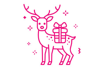 Pink reindeer stands with gift box on its back amongst the star sparkles