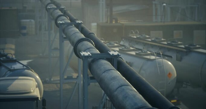 Early morning mist blankets an industrial area as long pipelines stretch across the site. Trucks are parked nearby, ready for loading and transport in the subdued light.