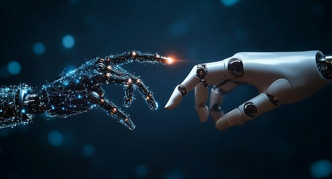 Digital Connection: Two robotic hands, one rendered in a futuristic design and the other in sleek metal, nearly touch, illustrating technological advancement and innovation.