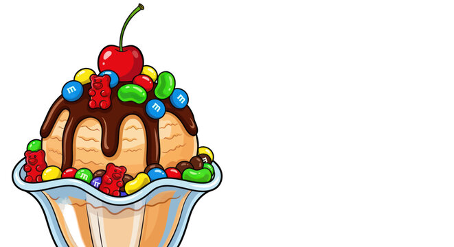 Delicious ice cream sundae with chocolate syrup and colorful candies.