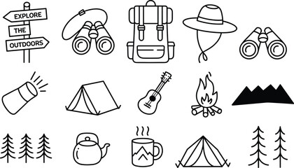 Camping and outdoor icon set with tents, backpack, campfire, guitar, kettle, mug, flashlight, and nature elements