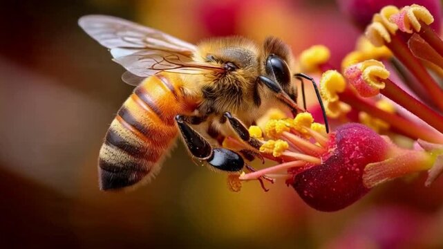 A hard working honey bee collects pollen on a vibrant flower buzzing in a macro closeup with natural
