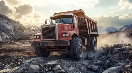 The Roaring Beast of Industry: A heavy-duty dump truck, a symbol of industrial strength and efficiency, navigates a rugged terrain.