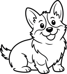Cartoon corgi dog with big ears, fluffy tail, smiling face, and tongue out in black vector line style
