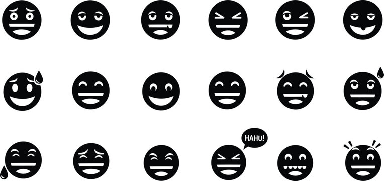 Collection of black and white cartoon emoji faces expressing various emotions and moods