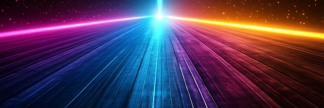 Abstract Light Beam: The image showcases a convergence of radiant, colored light beams emanating from a central point, illustrating the concepts of energy and dynamic movement.