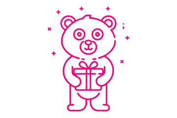 Pink bear outline holding present, decorated with simple crosses and transparent circles surrounds him
