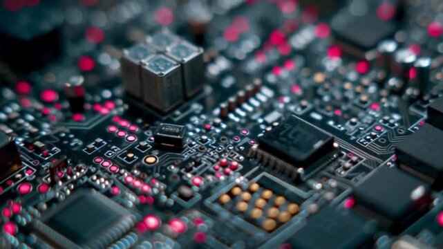 Intricate dance of electrons on a futuristic circuit board powers innovation with a shallow depth of