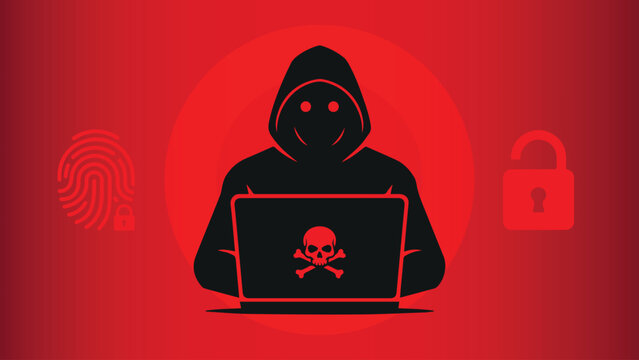 silhouette of a hooded hacker sitting at a laptop displaying a warning skull icon, set against a red background with security symbols. Concept for cybercrime, security breaches, malware, data danger