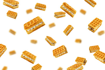 Falling Viennese Waffle with cream isolated, selective focus