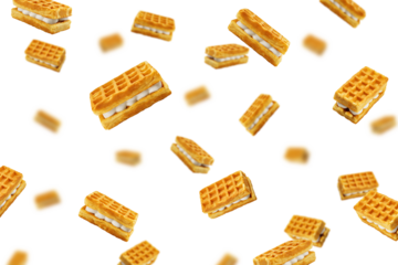 Falling Viennese Waffle with cream isolated, selective focus