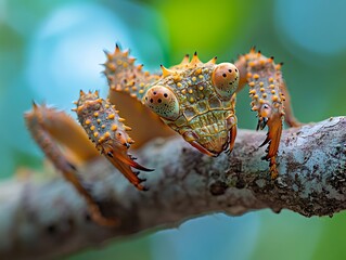Unveiling the Thorn Mantis: A close-up view of a Thorn Mantis, showcasing its intricate details and unique features as it perches on a branch in its natural habitat.