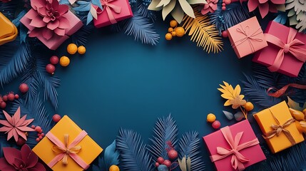 Celebratory Gifting Arrangement: A beautifully arranged collection of vibrant gift boxes and floral elements encircles an open space, inviting thoughts of joyous celebrations and festive occasions. 