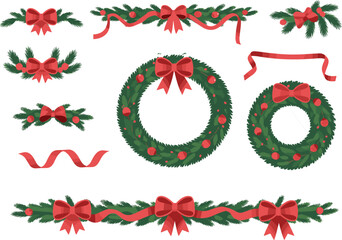 Christmas wreath and garland set with red bows, pine leaves, ornaments, and ribbons in black vector holiday style