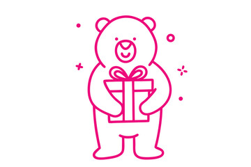 Pink bear outline holds a gift, surrounded by simple geometric shapes on a white background
