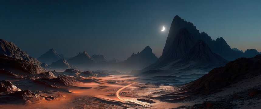 Hyper-realistic wide angle alien desert with dunes under huge planets in the sky