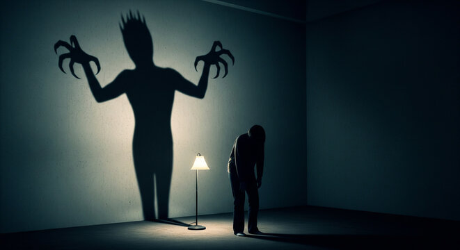 A dejected person stands under a lamp, casting a large, terrifying monster shadow on the wall. Concept for inner demons, fear, or mental health.