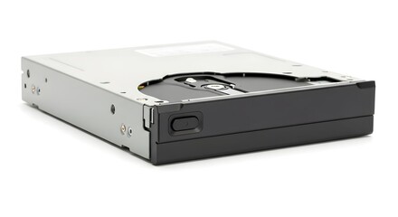 A close up shot of a black and silver dvd drive on a white surface in a studio environment view