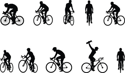 Obraz premium Cyclist silhouette set with racing, casual riding, victory pose, and diverse bike postures in black vector style