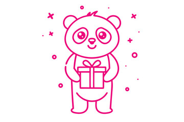 Magenta outline drawing presents a cute panda character holding a gift box