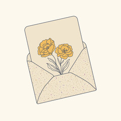 Thank you! Open kraft envelope with a floral design inside. Vector illustration in yellow and beige, isolated on light beige. Use for a thank you letter, greeting, invitation, card, design element.