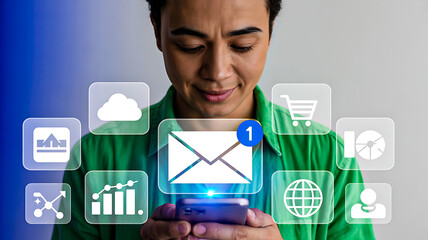 Digital communication and mobile connectivity concept with smartphone and icons for cloud, charts, shopping, and messaging