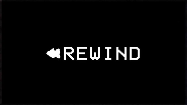 Rewind button text animation with pixel style font, media player control icon, retro video playback interface element, digital motion graphic on black background
