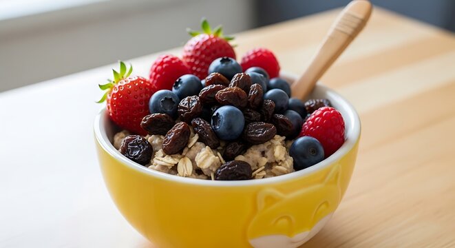 Delicious and Nutritious Oatmeal Bowl with Fresh Berries and Raisins for a Healthy Start to the Day